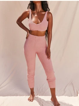 

Sexy Plush Fluffy Fleece Knitted Sweater Women Pajamas Set Two Piece Set Cotton Feminino Sleepwear Loungewear Women Dormir Tops