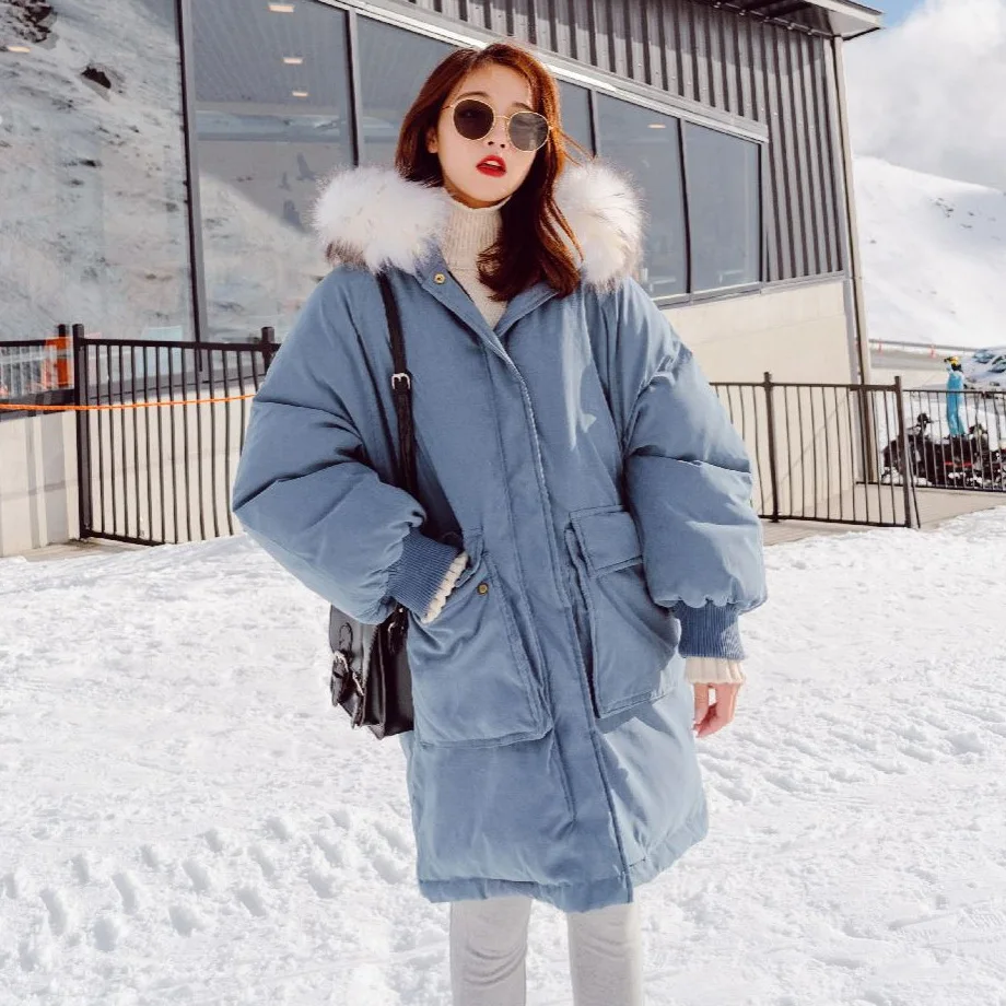 

Photo Shoot Korean-style CHIC Hipster Blue Large Fur Collar Hooded down Coat Women's Winter Versatile Loose-Fit Mid-length Cotto