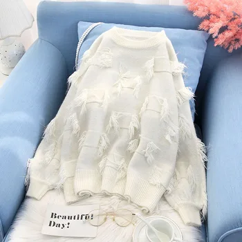 

tassel knitted women sweater and pullovers o-neck loose short knitted lady sweet outwear pull coat tops