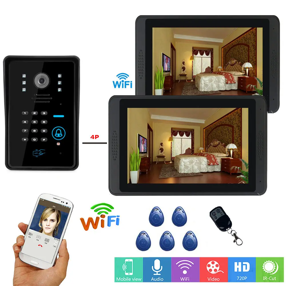 RFID Password 7 inch Wired Wireless Wifi Video Door Phone Doorbell Intercom Entry System with 720P IR-CUT Wired Camera