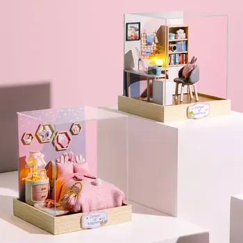 

1set Wooden Puzzle Kitchen with Furniture Model Assembly Architectural Miniature House Building Kit Jigsaw Toy for Boys Girls