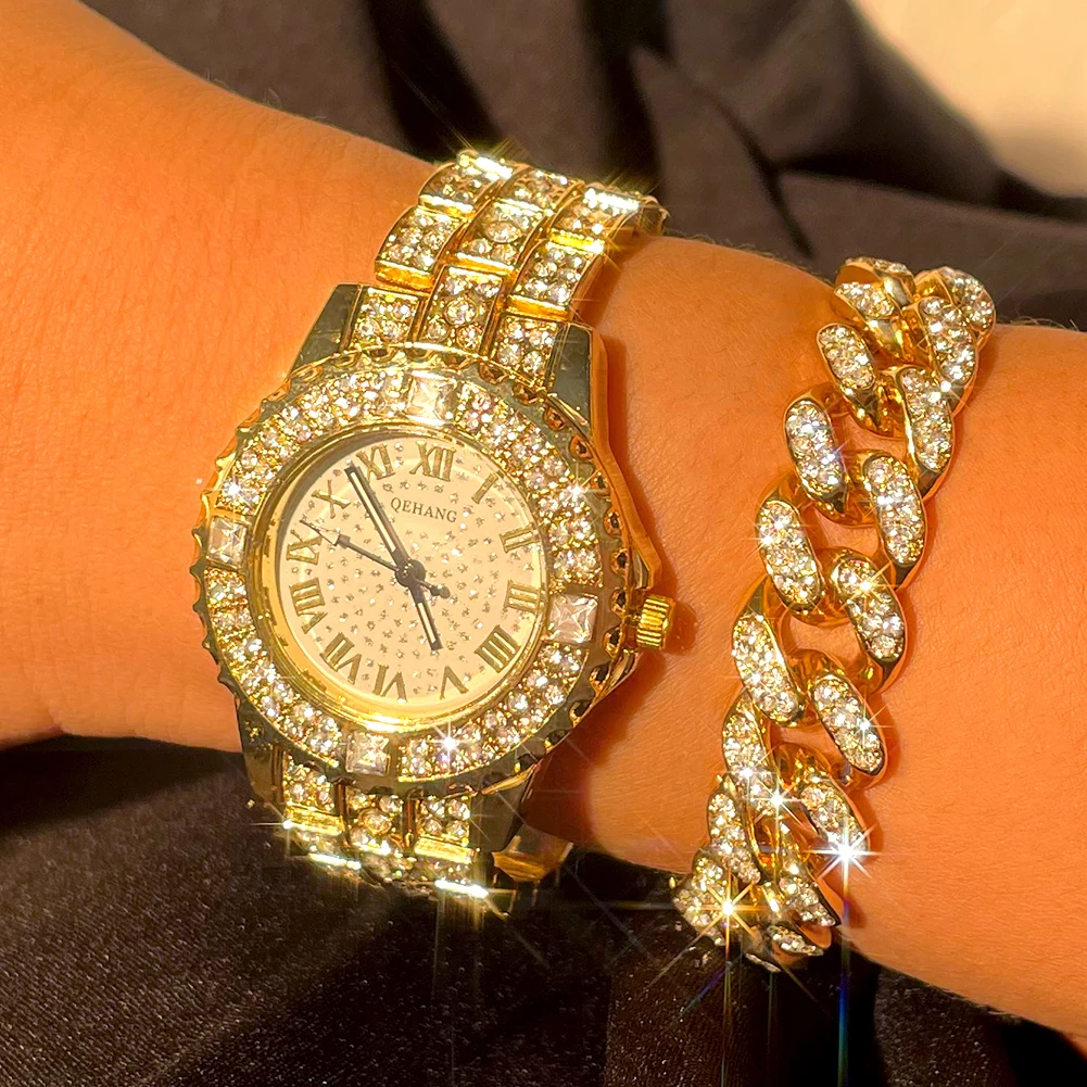 Iced Out Rose Gold Silver Color Watch Women's Luxury Rhinestone Cuban Chain Bracelet Watches Fashion Wrist Watch Hip Hop Jewelry