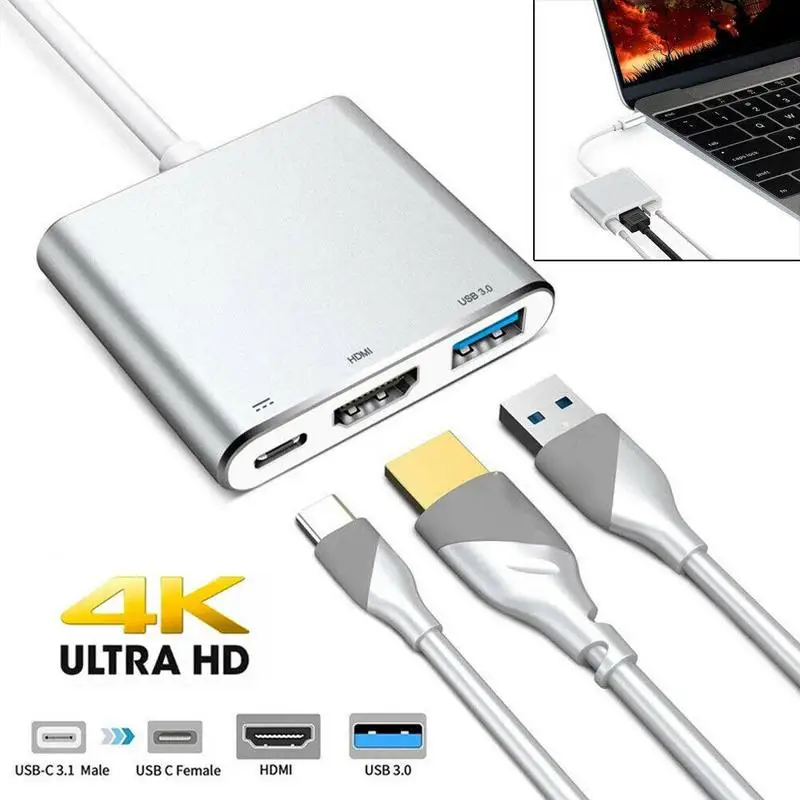 

Type C Male to USB3.0 HDMI Type-C Female Adapter Cable 3 In 1 Hub Converter