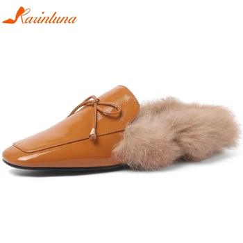 

Karinluna New Arrivals 2020 Patent Leather Short Plush Casual Shoes Woman Flats Female Slip On Butterfly Winter Flats Women