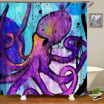 

Home Decor Waterproof Polyester Machine Washable Shower Curtain,Oil Painting Purple Octopus Prints on Blue Geometric Background