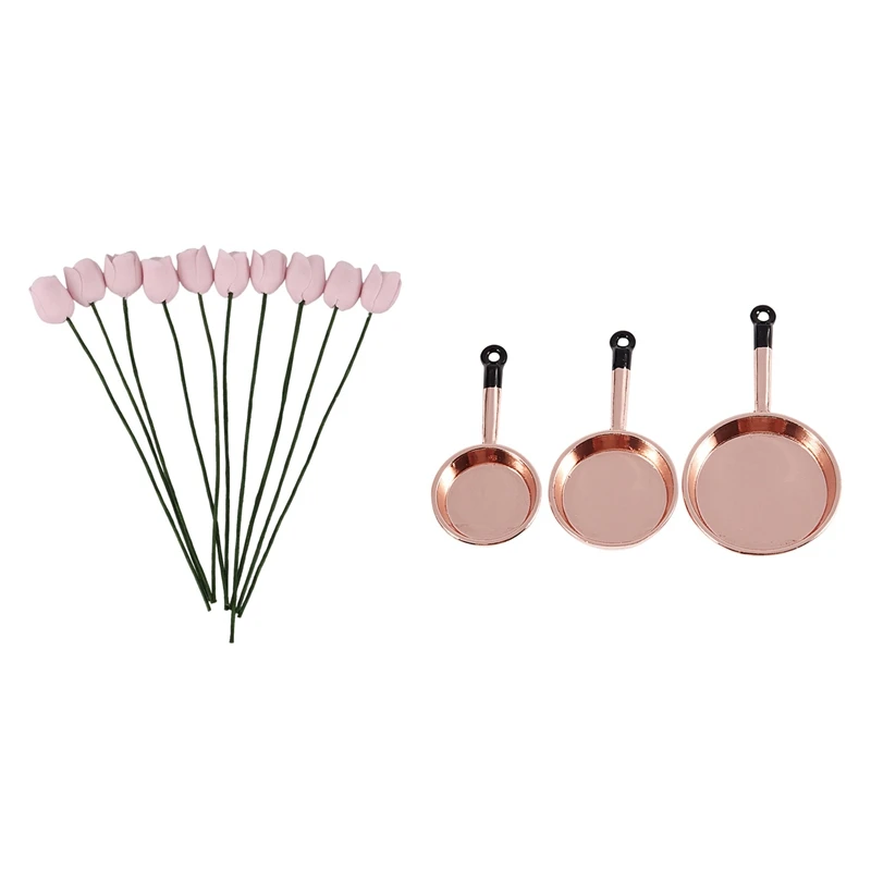 

3Pcs Dollhouse Miniature Metal Frying Pans Cooking Pot & 10pcs 1/12 Doll House Miniature Handcrafted Clay Pink Tulip