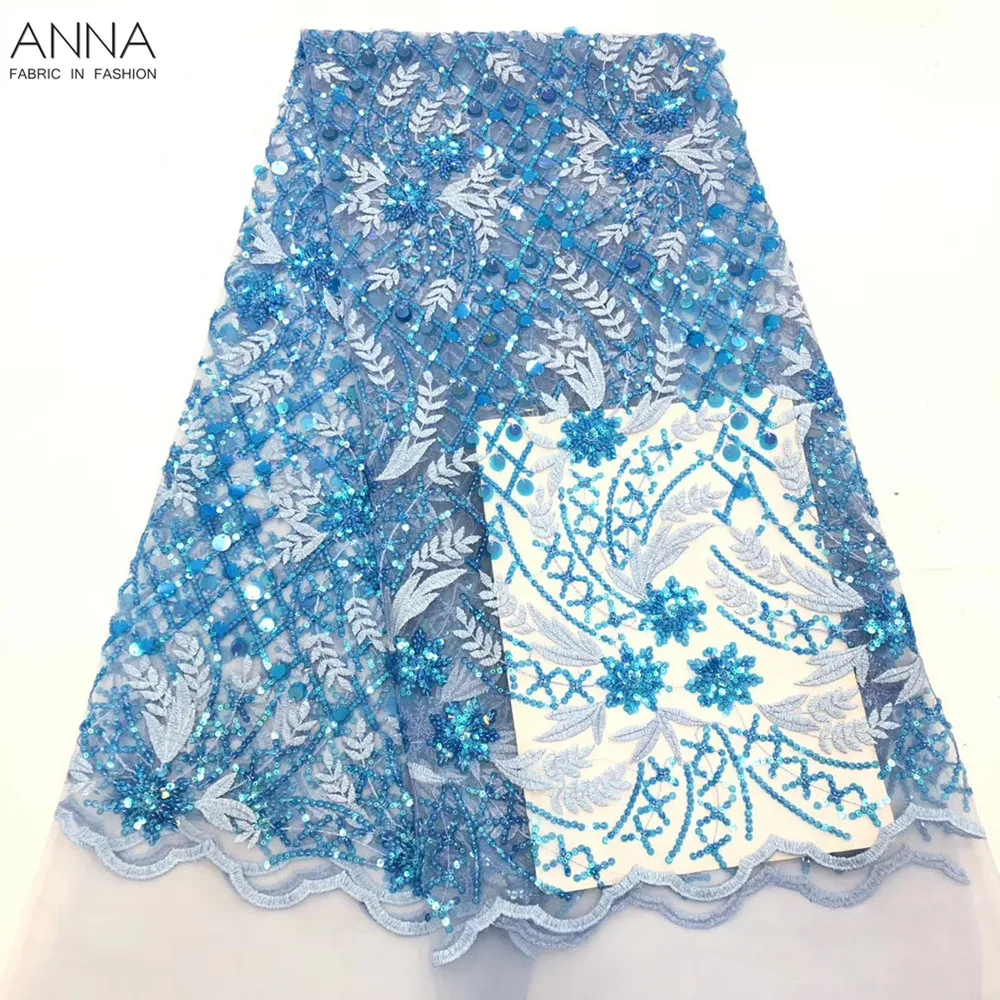 

ANNA Sky Blue Sequins Lace Fabric African Net Lace French Tulle Lace Fabric High Quality Nigerian Embroidered Lace Mesh Fabric