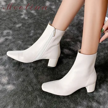 

Meotina Winter Ankle Boots Women Natural Genuine Leather Block High Heel Short Boots Zip Square Toe Shoes Lady Autumn Red 33-43