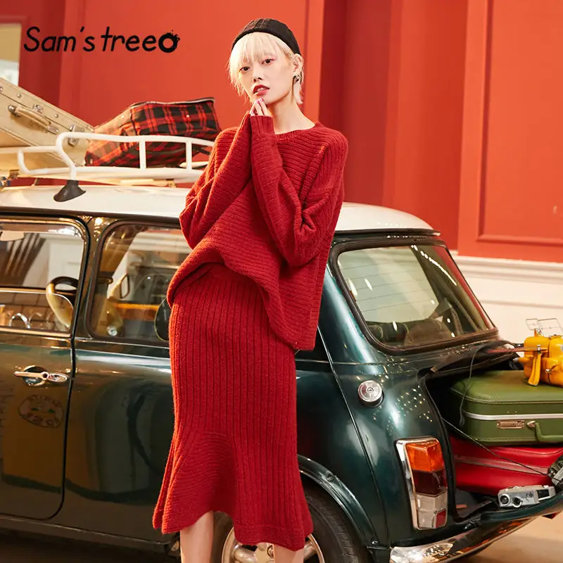 SAM'S TREE красное однотонное рождественское повседневное вязаное платье для женщин зимнее черное чистое винтажное свободное офисное женское платье с длинным рукавом