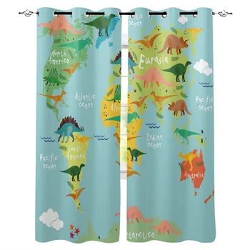 

Dinosaur Map Toy Children Window Curtains Living Room Kitchen Curtains for Bedroom Left and Right Biparting Open Curtains