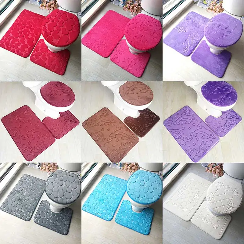 3Pcs/set Flannel Anti-Slip Mat Carpet For Bathroom Toliet Print Heart Flower Kitchen Soft Mat Set