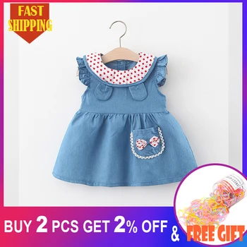 

Baby Girls Dresses 2020 Newborn Summer Polka-dot Kids Bow Pocket Denim Toddler Girls Princess Dresses Sundress Clothing Sunsuit