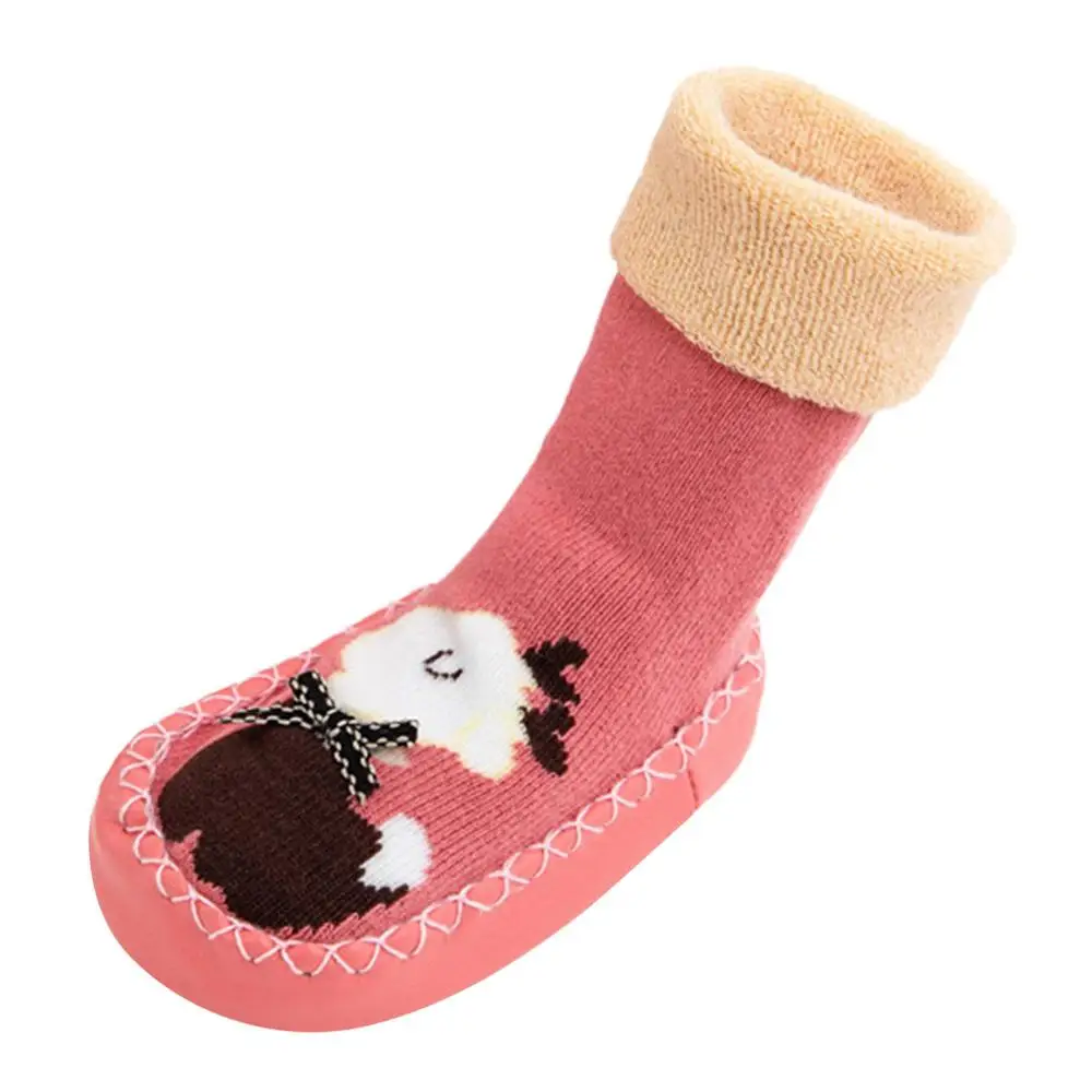 Детские носки с резиновой подошвой, зимние носки, детская обувь с рисунком, носки, Нескользящие теплые носки-тапочки, нескользящие носки,#35 - Цвет: Красный
