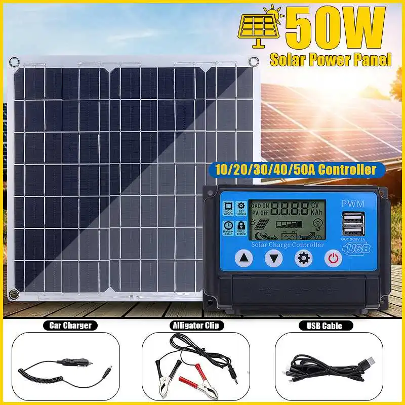 

KINCO 50W Dual USB Solar Panel with Car Charger + 10/20/30/40/50A PWM Solar Charger Controller for Outdoor Camping LED Light