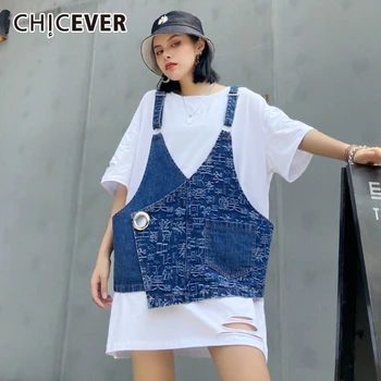 

CHICEVER Two Piece Set Women O Neck Short Hole T-shirt Print Denim Vest Free Size Female Suits Summer 2020 Fashion New Clothes