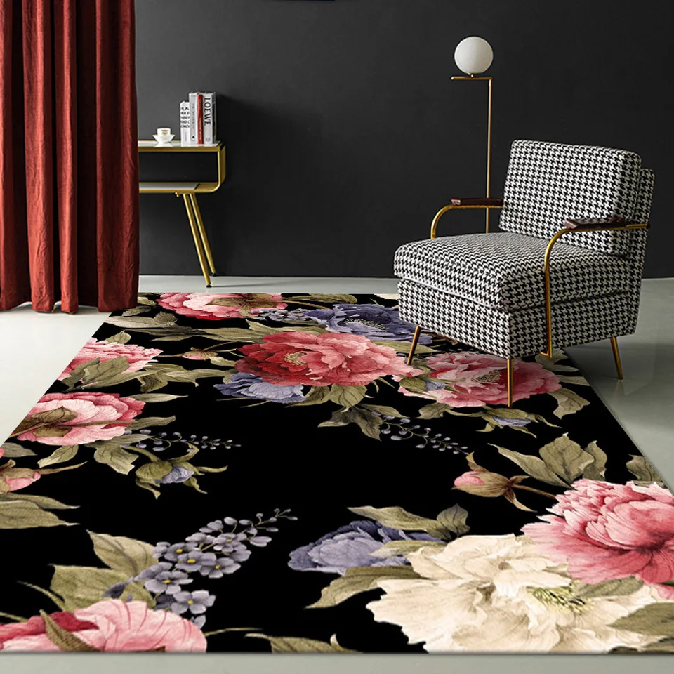 

Europe Style Black Floral Carpet For Modern Living Room 3D Flower Pattern Print Rectangle Bed Room Mat Parlor Hallway Carpet Rug