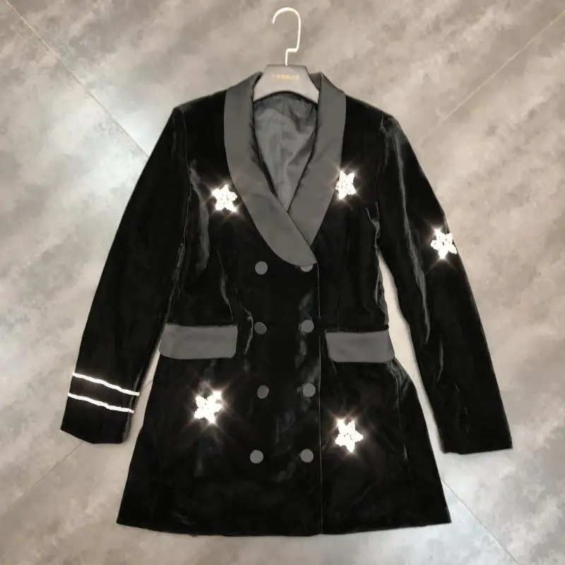 

2019 autumn new shiny star rhinestone velvet jacket suit jacket long suit female