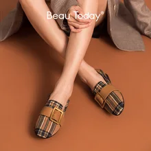 BeauToday ופרס נשים אמיתי עגל עור משובץ בד מתכת אבזם עגול הבוהן להחליק על גברת נעליים שטוחות בעבודת יד 27363(China)