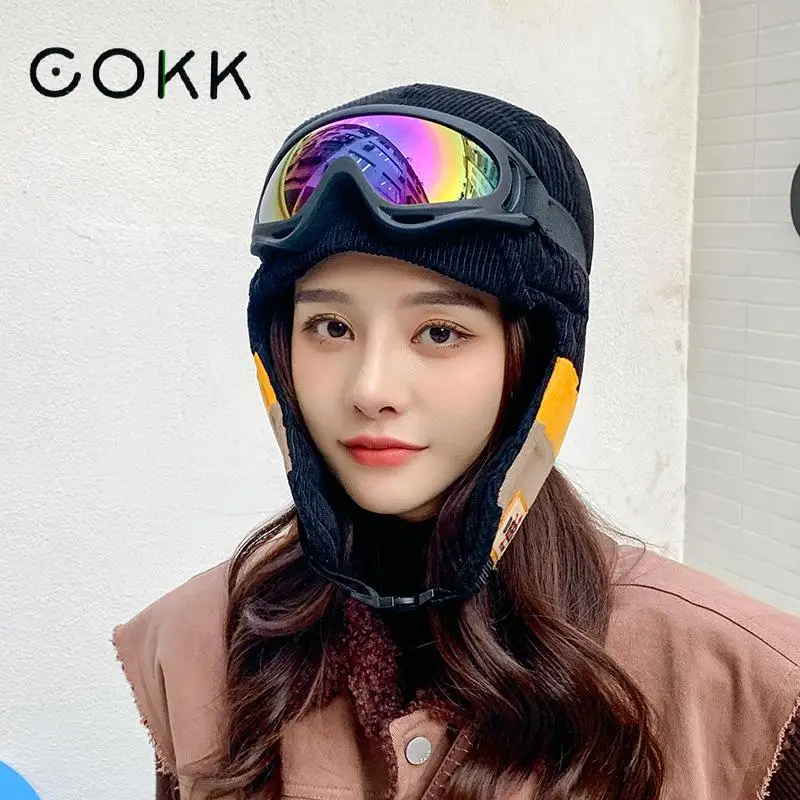

COKK Russian Hat Women Winter Bomber Hats With Glasses Ear Protection Thick Warm Beanie Gorras Russia Cap Fashion Snow Gorros