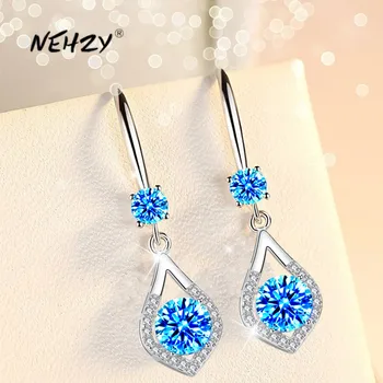

NEHZY 925 sterling silver new women fashion jewelry purple pink shiny crystal zircon water drop tassel Hoops piercing earrings