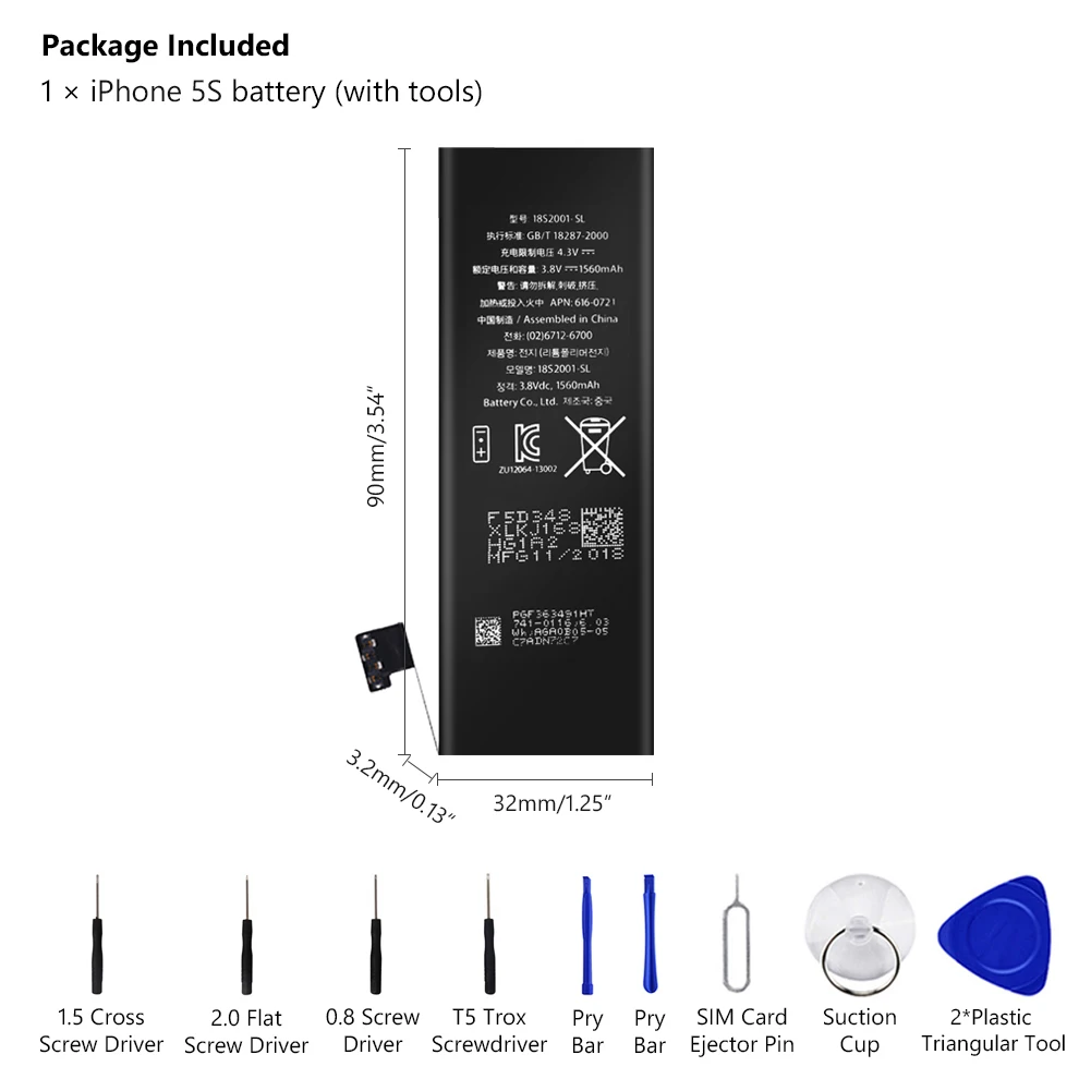 YCDC, 3,8 в, 1560 мА/ч, литий-полимерный аккумулятор для iPhone 5S, 5GS, iPhone 5C, перезаряжаемый аккумулятор для мобильного телефона, батареи, Бесплатные инструменты