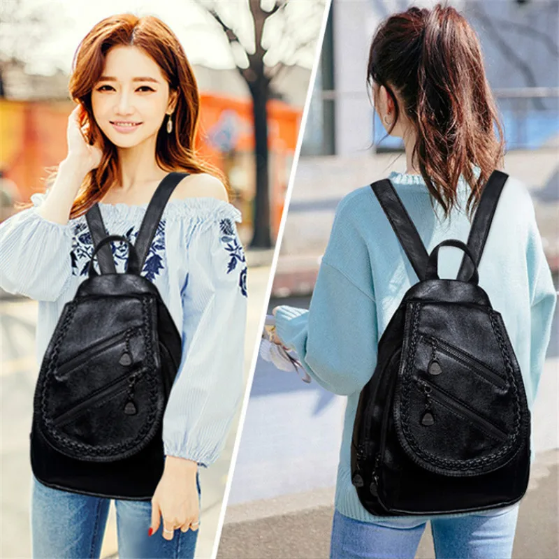 2019 New Fashion Backpack Women's Solid Color Travel Backpack Korean Version PU Soft Leather Tide Fashion Casual Backpack