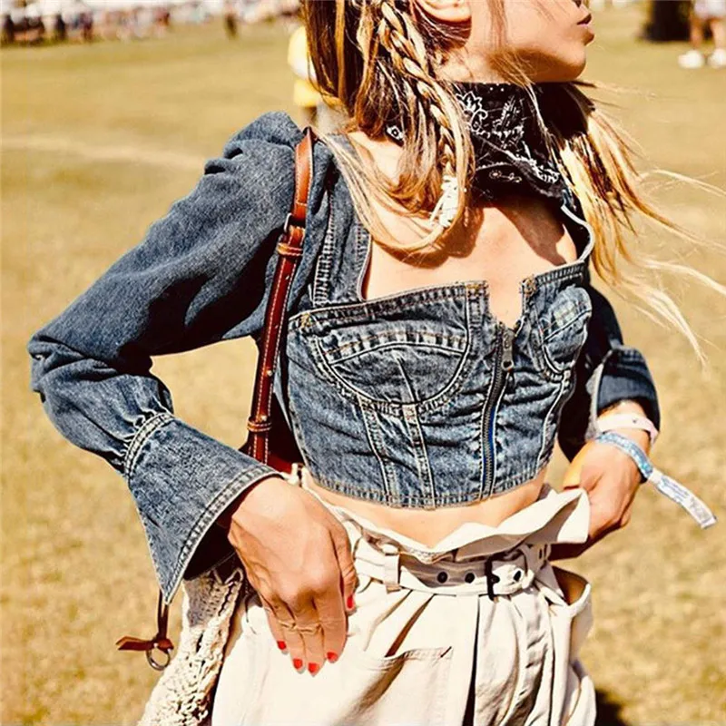 Jeans Denim Blue Shirt Women Fashion Lace Up Solid Female Square Neck Backless Sexy Strap Crop Tops Long Sleeve Tees #40 | Женская
