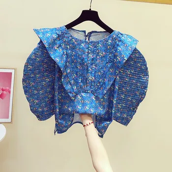 

Top Quality Floral Women Shirts 2020 Summer New Ruffles Puff Sleeved Short-Sleeved High Waist Lady Elegant Shirts Outwear Tops