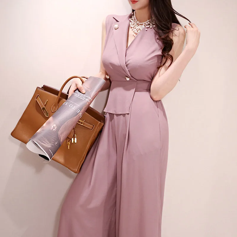 Summer Female Elegant Loose Jumpsuit Trousers Women Casual Long Wide Leg Pants Office Lady Overalls
