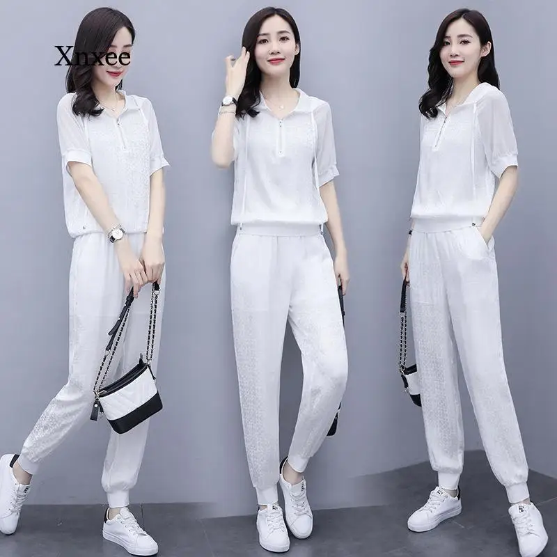 

Женский весенне-осенний повседневный костюм 2021, свободная комбинированная спортивная одежда, однотонный модный топ и брюки, костюм из двух предметов