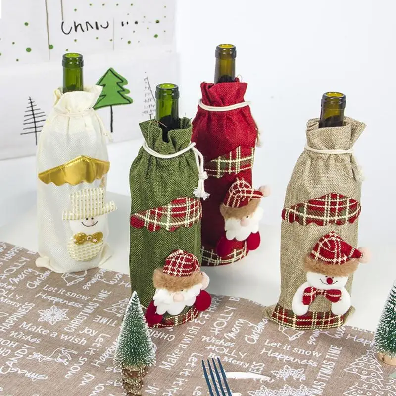 

Wine Bottle Cover Christmas Snowman Old Man Linen Cloth Personality Delicate for Home New Year Party Table Decoration