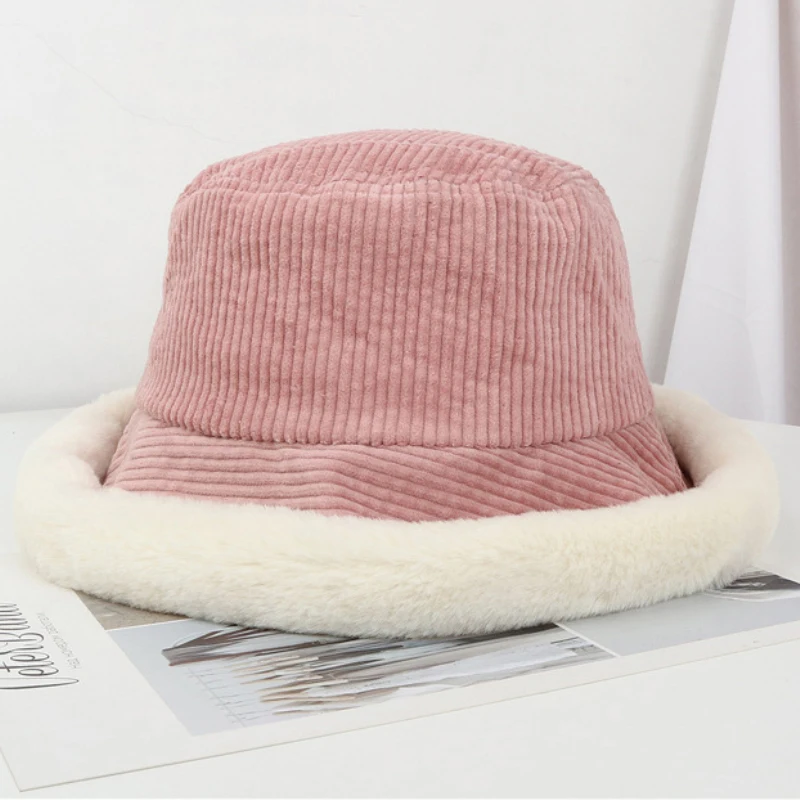 HT2827 Панама, Толстая теплая зимняя шапка с флисовой подкладкой, Женская Вельветовая Милая Кепка с плоским верхом, женская кепка с широкими полями, Панама - Цвет: Розовый