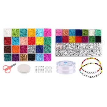

14400Pcs m Pony Bead,24 Assorted Colors Beading Glass Beads & 5000Pcs Beads Kit, m Glass Seed Beads