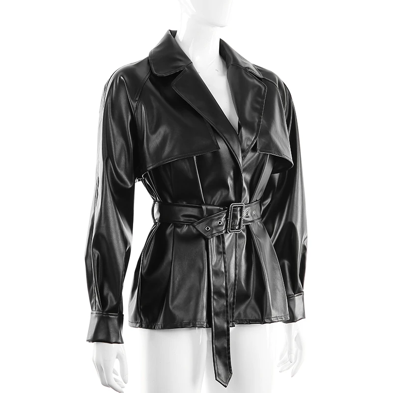 Darlingaga Fashion Motorcycle Black Leather Jacket Women Autumn Winter Streetwear Jackets Coats Belt Women's Windbreaker Outwear