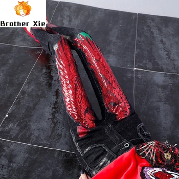 

Fashion Jeans Women Autumn Winter Stretch Jeans Women's Red Wing Sequined Jeans Gold Stamped Slim Plus Velvet Warm Denim Pants