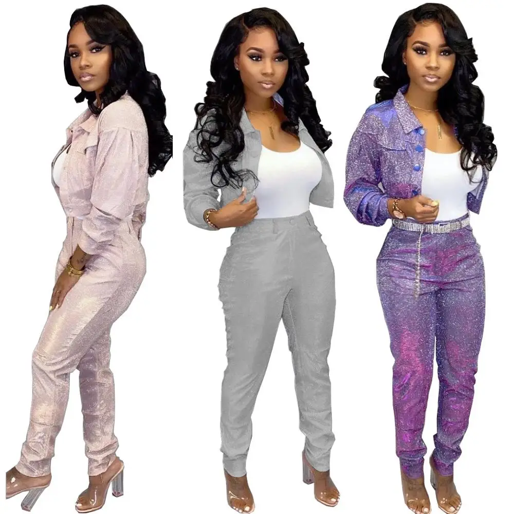 

Echoine women two-piece sets Individual frosted visual fabric tooling jacket pants suits female sexy causal tracksuit autumn