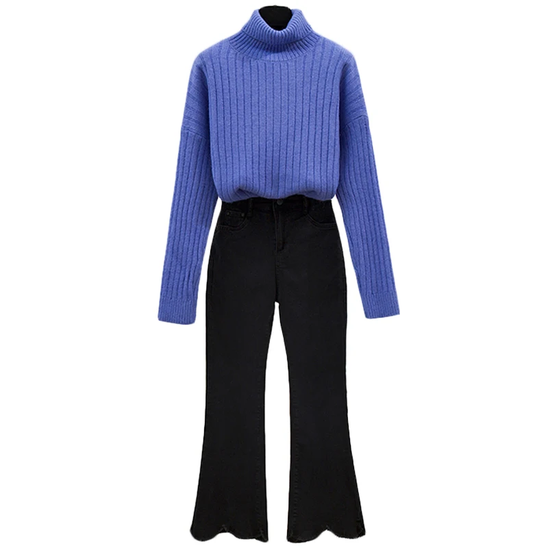 

Fall Winter Clothing Sets Thick Loose Turtleneck Sweater Boom Stretch Jeans Bell-Bottomed Pants Suit Women 2 Pcs Clothing Set