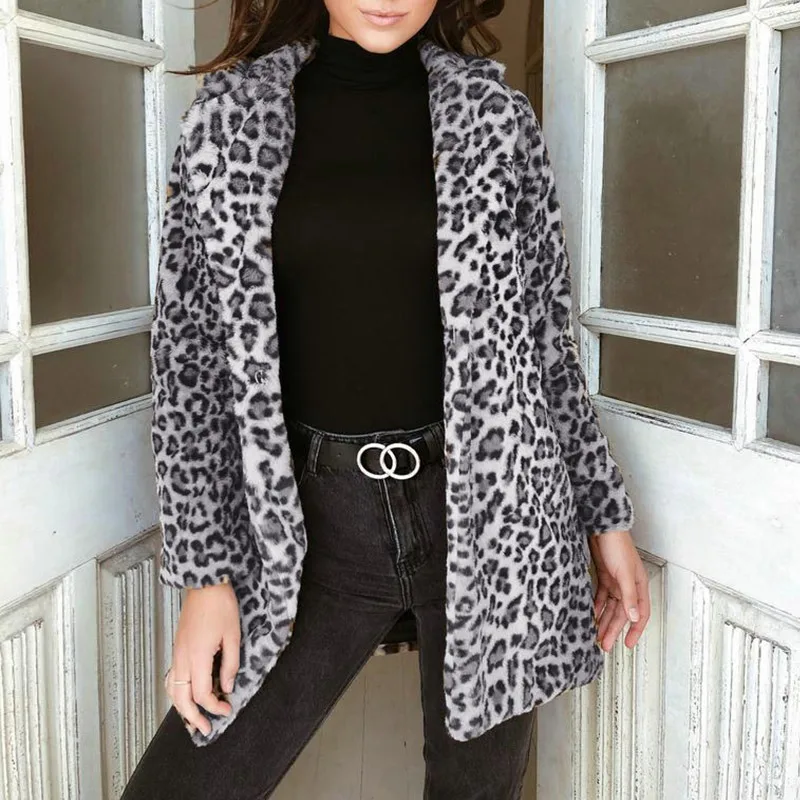 Fashion Winter Clothes Leopard Open Stitch Loose Comfortable Outerwear Casual Long Womens Jackets and Coats