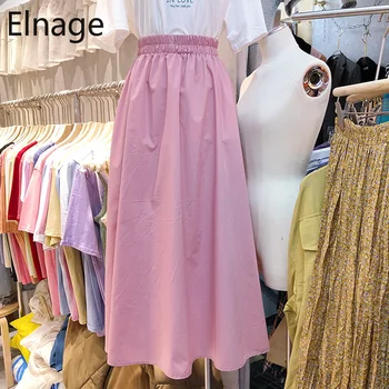 

Elnage Korean Style Spring Summer Women Skirt A Line Elastic High Waist Slim Fit Solid Midi Faldas Loose Retro Jupe Female 5A827