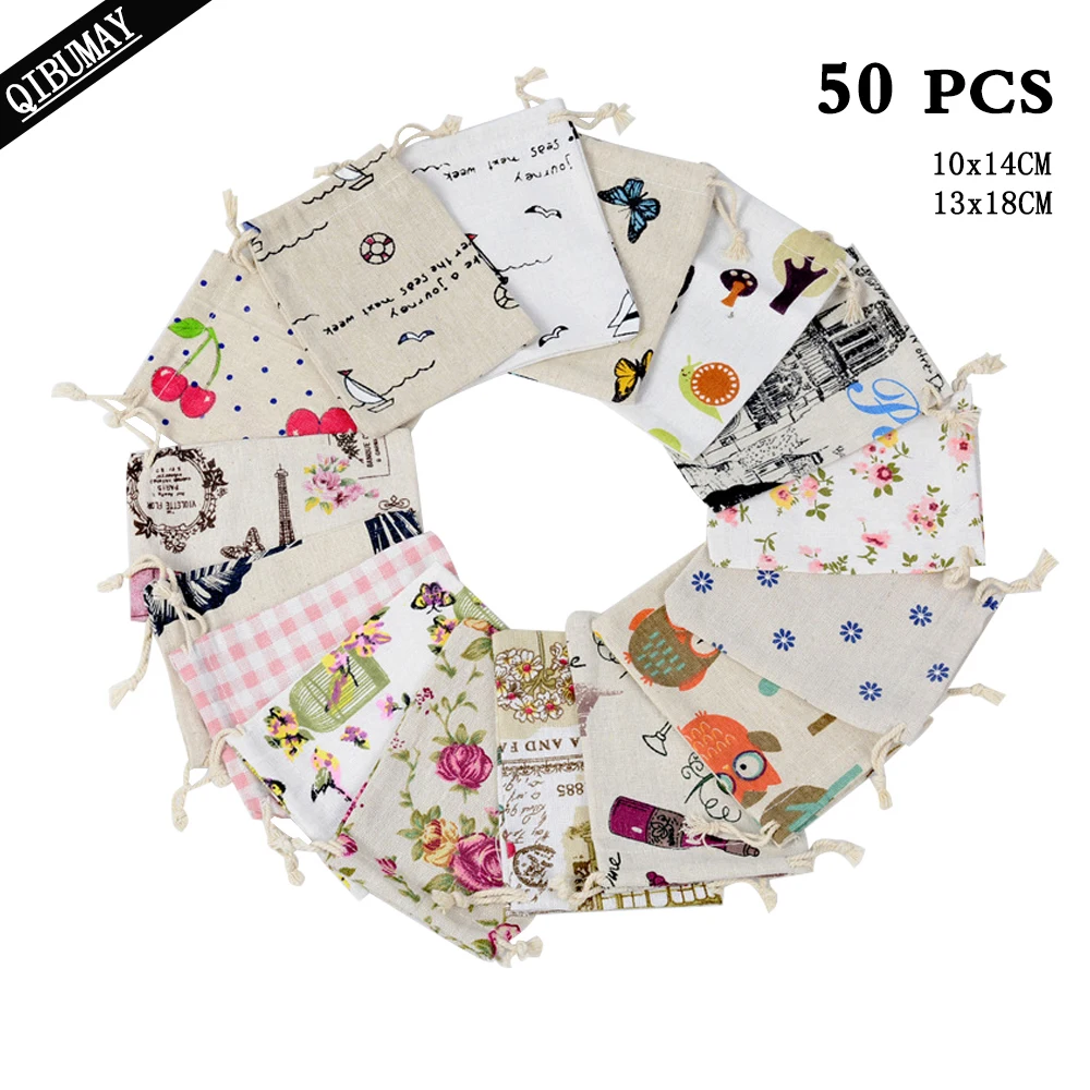 

QIBU 50pcs Printed Line Jute Drawstring Bags Flowers Animals Cartoon Decoration Wedding Birthday Baby Shower Party Accessories