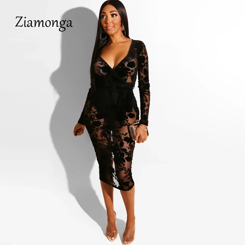 

Ziamonga Long Sleeve Sheer Mesh Bandage Midi Dress Women Sexy Floral Lace V-Neck Bodycon Night Club Party Dress Bodycon Vestidos