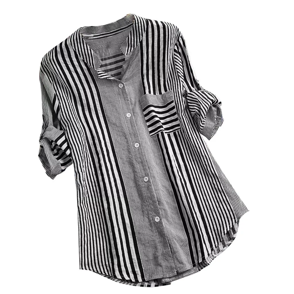 Túnica con estampado a rayas de talla grande 4xl, Tops abotonada de tres cuartos, camisas con cuello en V, blusa holgada informal, ropa para mujer
