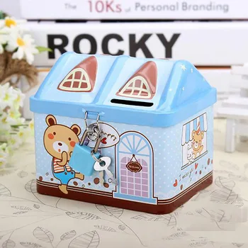 

2020 New Metal House Shape Piggy Bank Coin Safe Storage Box Child Piggy Bank Key Lock Money Box Creative Children Gift Christmas