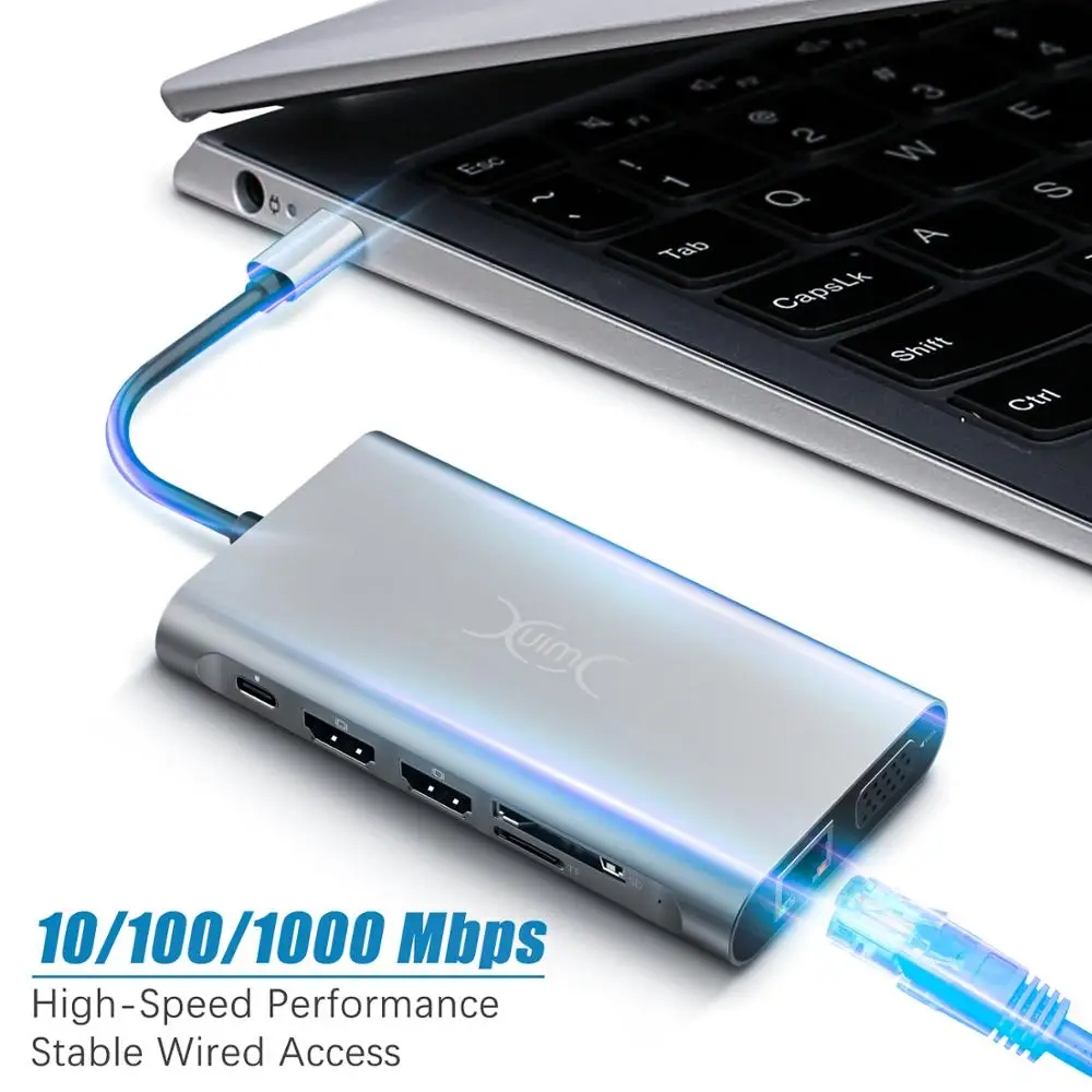 YXwin USB C Triple pantalla tipo C Adaptador 11 en 1 Multi HDMI RJ45 VGA USB Hub 30 para MacBook Pr