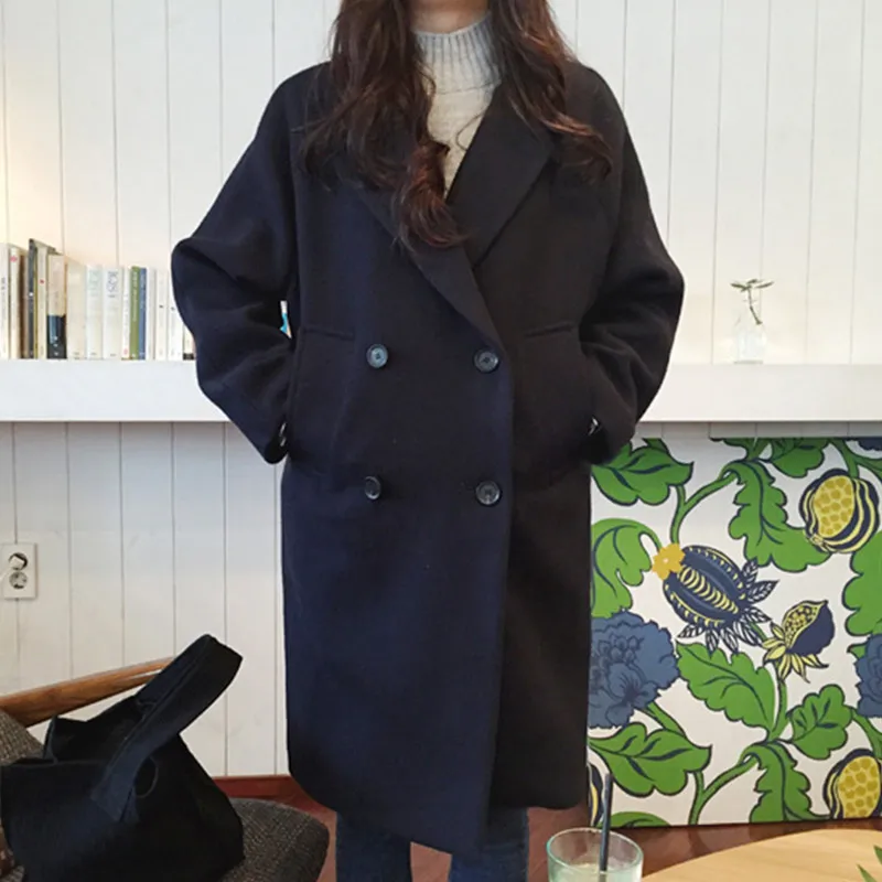 Корейский стиль, женское длинное пальто, однотонное бежевое черное пальто, Женское пальто с отложным воротником и длинным рукавом, осенне-зимнее теплое пальто для женщин - Цвет: Black