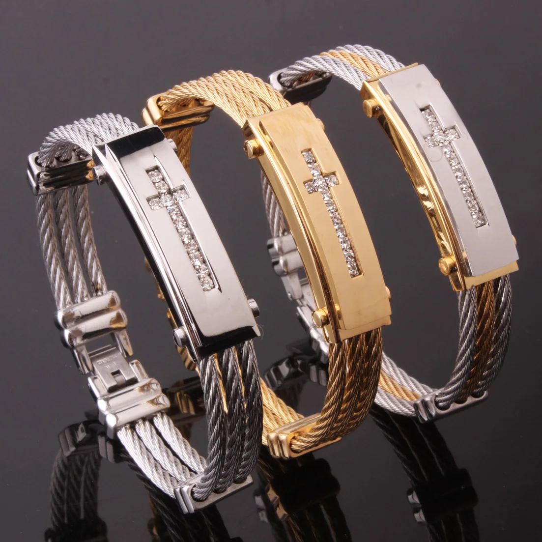

Fashion Men Jewelry Pulseira Masculina Cubic Zirconia Cross Mens Bracelets Bangles Stainless Steel Jewellery Accessories