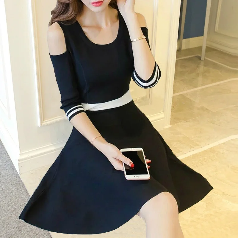 

New Summer Style Show Shoulder Mid-long Round-collar A-shaped Dress in 2019