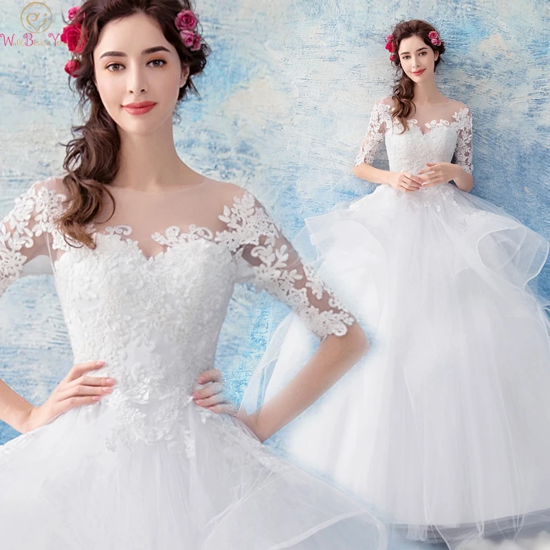 

White O Neck Half Sleeve Ruffles Ball Gown Wedding Dresses 2019 New Tulle Elegant Lace Appliques Bridal Gowns vestido de novia