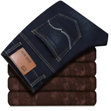 Зимние новые мужские вельветовые прямые джинсы плюс бархатная подкладка Теплые повседневные потертые джинсы трендовые уличные Большие размеры синие мужские джинсы