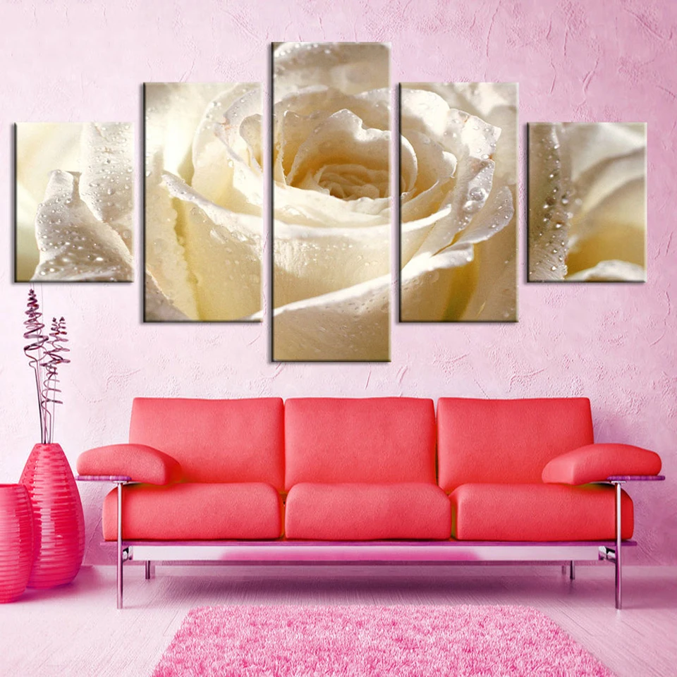 

Wall Art Canvas Paintings 5 Pieces White Rose Flower Pictures Prints Home Decoration Poster For Living Room Modular Framework